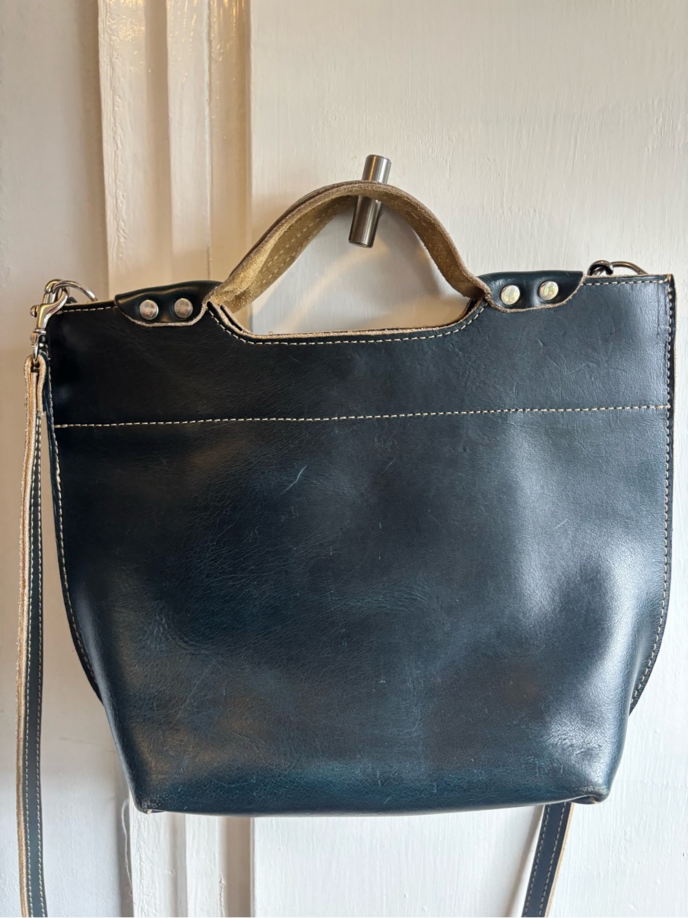 Black Leather Tote with Contrast Stitching - Picture 2 of 5